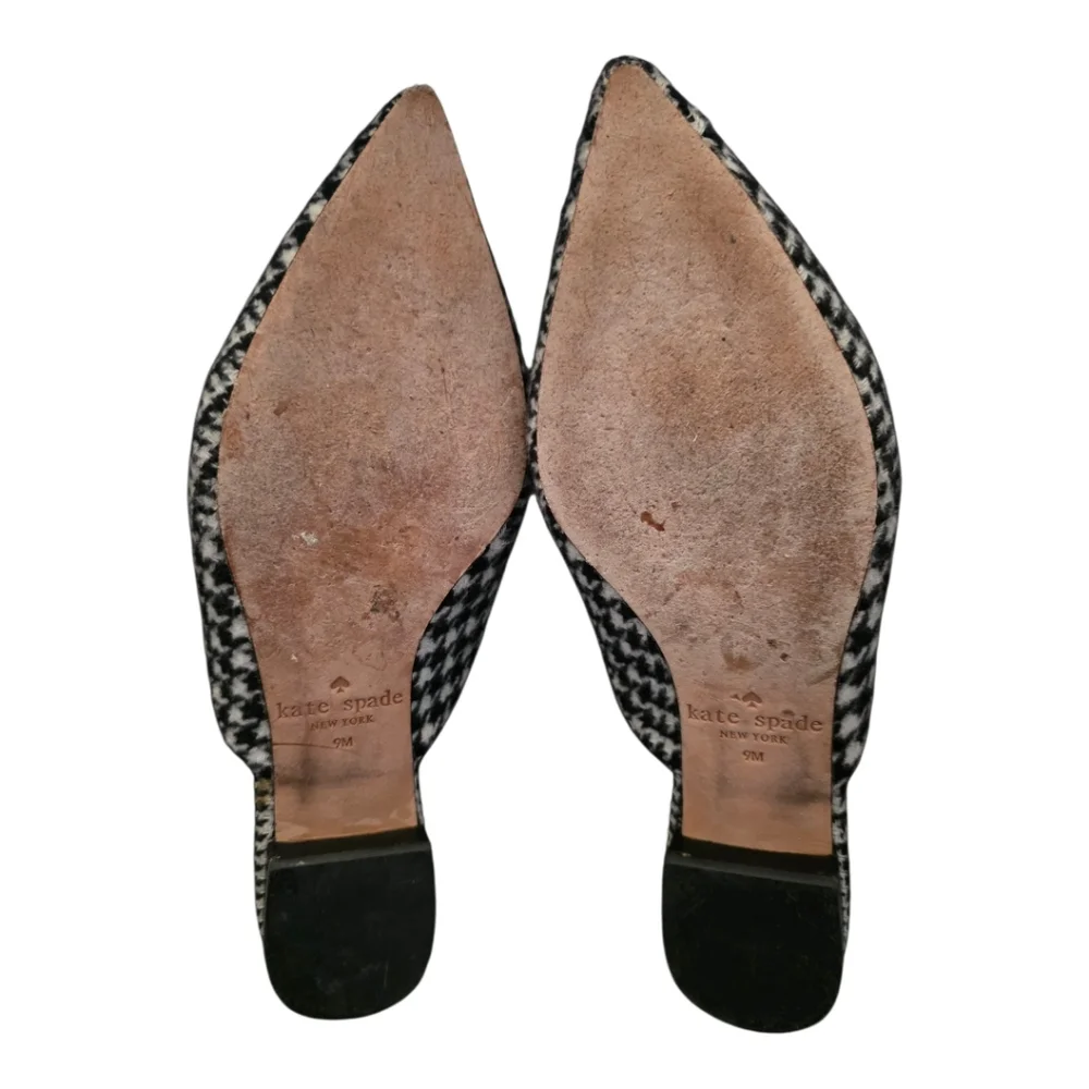 KATE SPADE Karin Houndstooth Black & White Bow‎ Pointed Toe Slip-Ons Mules - 9M